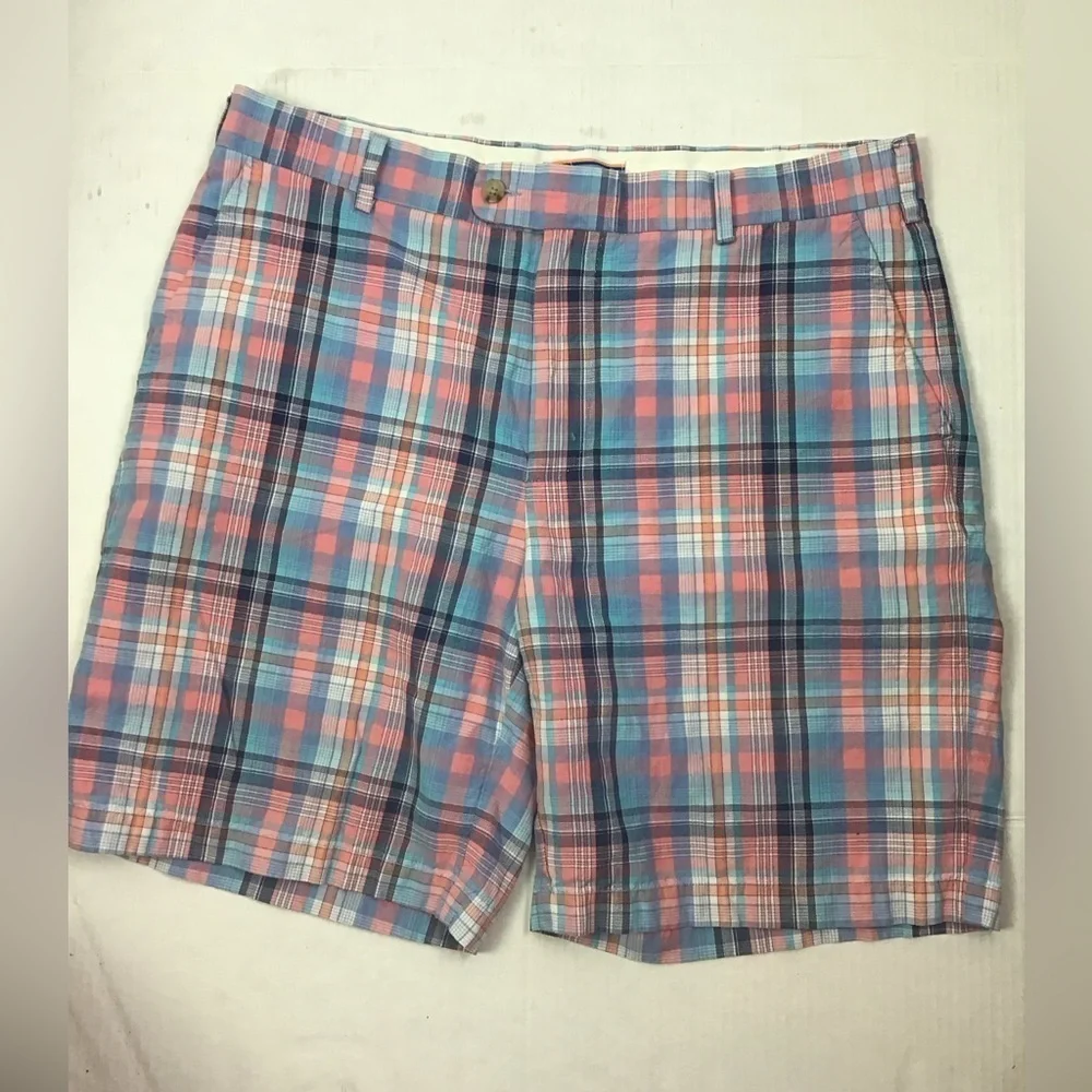 Peter Millar Seaside Collection Plaid Shorts Mens Size 36 Pink Blue Linen Blend
